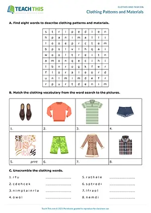 ESL clothes worksheet preview, intermediate B1, word search, matching, unscrambling, categorising, drawing, describing