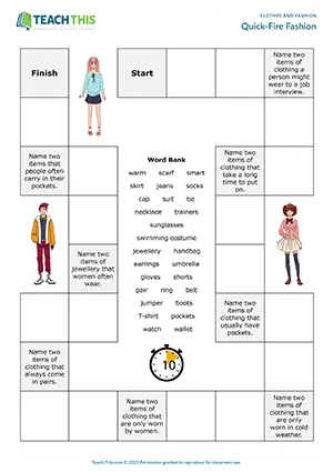 ESL clothes and accessories board game preview, pre-intermediate A2, gap-fill, providing vocabulary, group work