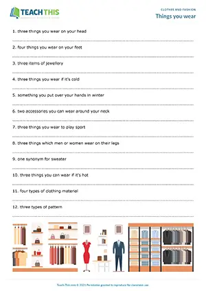 ESL clothes vocabulary game preview, pre-intermediate A2, brainstorming, group work