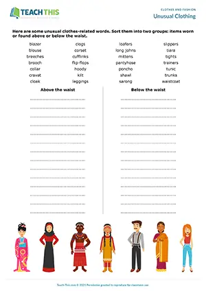ESL unusual clothes game preview, upper-intermediate B2, categorising, pair work