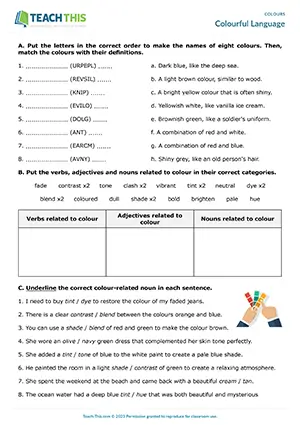 ESL colours worksheet preview for upper-intermediate B2 students featuring unscrambling, matching, gap-fill, and pair speaking exercises