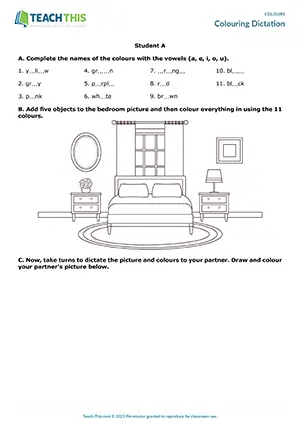 ESL colours activity preview for pre-intermediate A2 students featuring vocabulary, describing, and drawing exercises