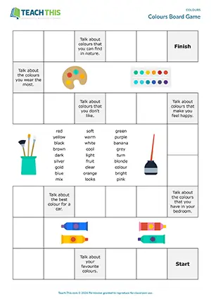 ESL colours board game preview for elementary A1-A2 students featuring vocabulary, gap-fill, and speaking activities