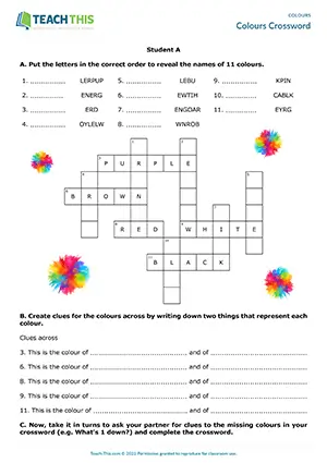 ESL colours crossword preview for elementary A1-A2 students featuring vocabulary, unscrambling, describing, and guessing activities