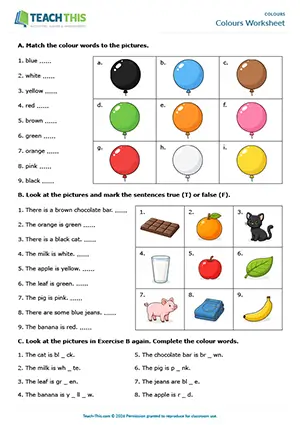 ESL colours flashcards and worksheet preview for beginner A1 students showing eliciting, drilling, sentence frames, substitution drills, matching, true or false, spelling
