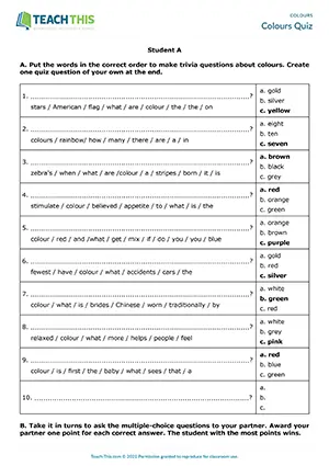 ESL colours quiz preview for intermediate B1 students featuring speaking, unscrambling, and multiple-choice activities