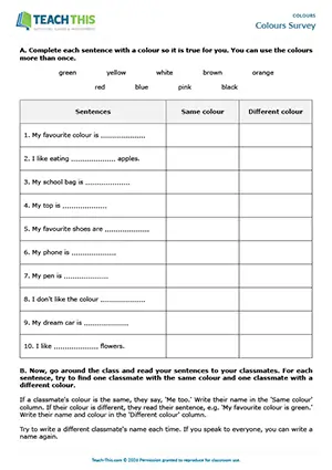 ESL colours activity preview for beginner A1 students showing sentence completion, reading statements, giving short answers, controlled practice