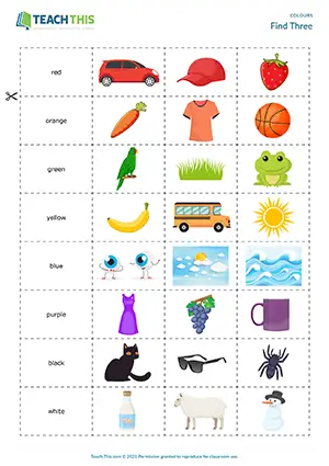 ESL colours game preview for beginner A1 students showing vocabulary matching and group card activities