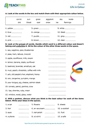 ESL colours worksheet preview for pre-intermediate A2 students featuring matching, identifying, crossword, and pair speaking activities