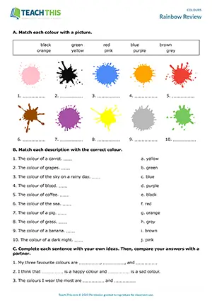 ESL colours worksheet preview for elementary A1-A2 students featuring matching, gap-fill, and pair question activities