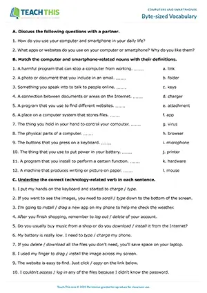 ESL computers and smartphones worksheet preview for intermediate B1 students featuring vocabulary matching, gap-fill, and pair speaking activities