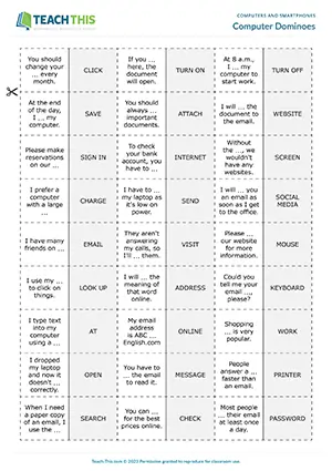 ESL computers vocabulary game preview for pre-intermediate A2 students featuring matching and gap-fill domino activities