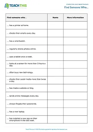 ESL computers, smartphones and gadgets activity preview for pre-intermediate A2 students featuring speaking and question prompts