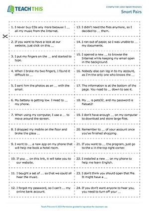ESL computers and smartphones game preview for intermediate B1 students featuring matching and gap-fill group activities