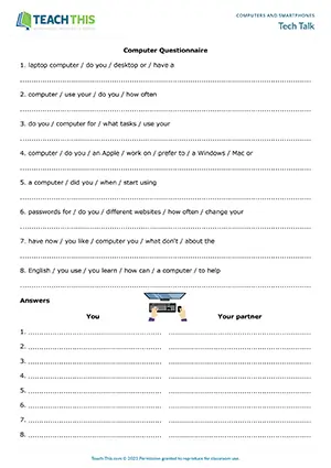 ESL computers and smartphones activity preview for pre-intermediate A2 students featuring unscrambling and question activities