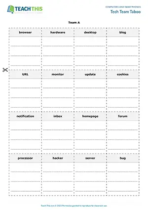 ESL computer vocabulary game preview for upper-intermediate B2 students featuring word association, describing, and guessing activities