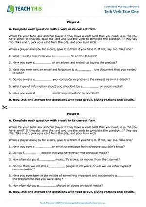 ESL computers and smartphones game preview for intermediate B1 students featuring gap-fill and speaking group activities