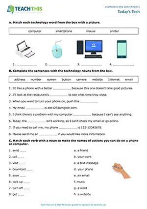ESL technology worksheet preview for elementary A1-A2 students featuring vocabulary exercises, matching, gap-fill, and speaking activities