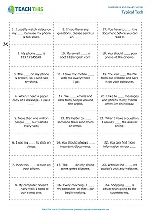 ESL technology vocabulary games preview for elementary A1-A2 students featuring matching, gap-fill, and sentence activities