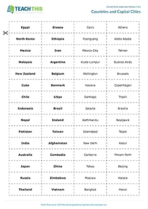 ESL country and capital city games preview for pre-intermediate A2 with pelmanism and matching activities