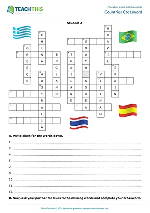 ESL countries crossword preview for pre-intermediate A2 with writing, describing and guessing activities