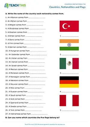 ESL worksheet preview for elementary A1-A2 showing country, nationality, and flag activities