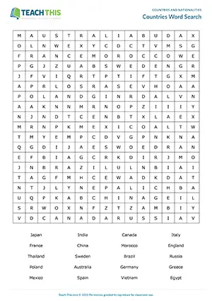ESL countries word search game preview for pre-intermediate A2 with vocabulary and sentence activities