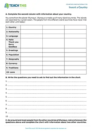 ESL country information speaking activity preview for pre-intermediate A2 with creative country invention and question practice