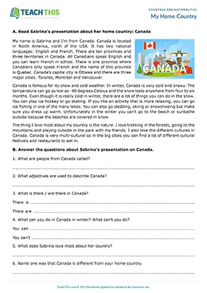 ESL country information worksheet preview for pre-intermediate A2 with reading, writing, and presenting activities