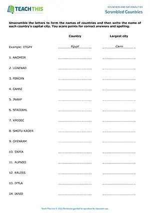ESL countries and capital cities worksheet preview for elementary A1-A2 with unscrambling and vocabulary activities