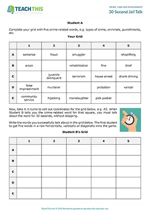 ESL crime vocabulary game preview for advanced C1 with impromptu speech and pair discussion