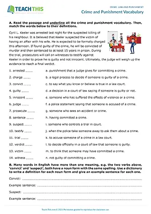 ESL crime and punishment worksheet preview for upper-intermediate B2 with reading, matching and gap-fill exercises