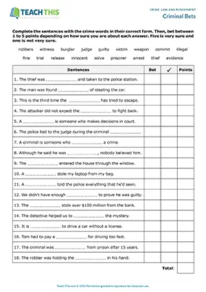 ESL crime game preview for intermediate B1 with gap-fill and betting vocabulary activities