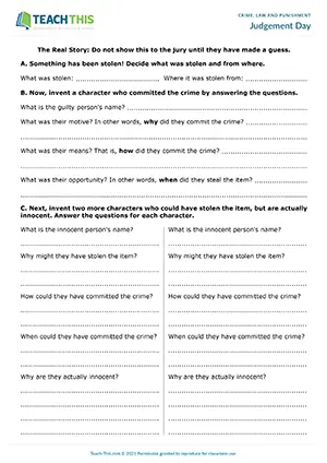 ESL crime, law and punishment role-play preview for upper-intermediate B2 with theft investigation and jury discussion