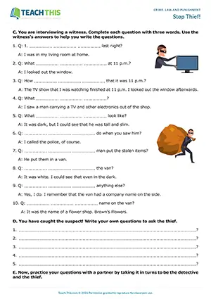 ESL crime worksheet preview for intermediate B1 with detective role-play and grammar exercises