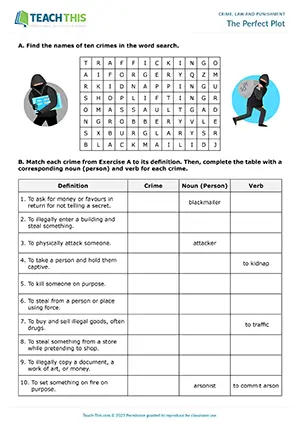 ESL crime worksheet preview for upper-intermediate B2-C1 with word search, gap-fill, and criminal plot writing