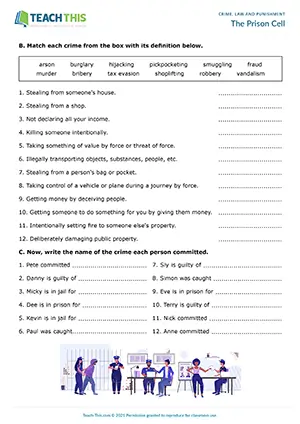 ESL crime role-play preview for upper-intermediate B2 with speaking, matching and gap-fill crime activities
