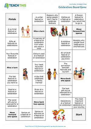 ESL festivals and celebrations board game preview showing impromptu speech and communicative group tasks for Intermediate B1