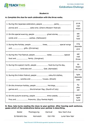 ESL cultural celebrations activity preview showing gap-fill vocabulary and pair guessing for Pre-intermediate A2