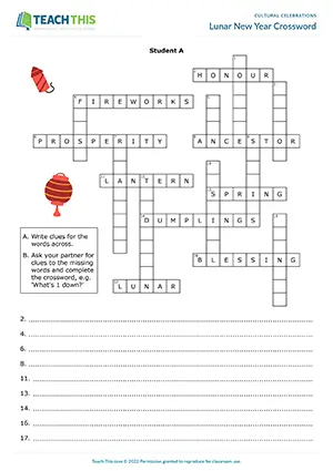 ESL Lunar New Year crossword activity preview with writing, describing, and pair guessing for Upper-intermediate B2