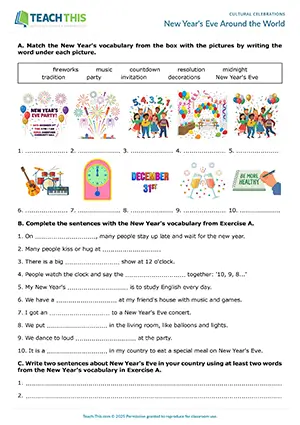 ESL cultural celebrations worksheet preview showing matching, gap-fill, writing sentences, multiple choice, asking and answering questions, controlled and freer practice for Pre-intermediate A2