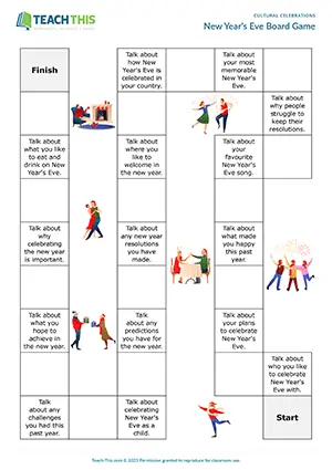 ESL New Year's Eve board game preview with vocabulary, impromptu speech, and guessing for Upper-intermediate B2
