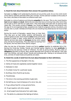 ESL Ramadan worksheet preview with matching, true or false, and comprehension questions for Upper-intermediate B2