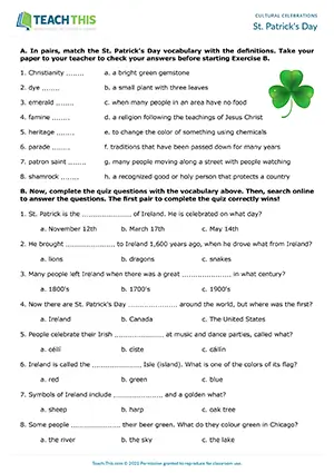 ESL St. Patrick's Day activity preview with matching and online quiz for Upper-intermediate B2