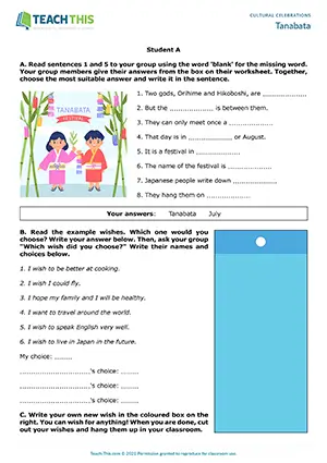 ESL Tanabata activity preview showing vocabulary, gap-fill, group writing, and wish making for Elementary A1-A2 level