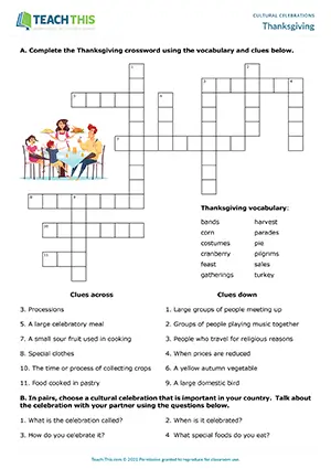 ESL Thanksgiving worksheet preview with reading, true or false, crossword, and pair speaking for Intermediate B1
