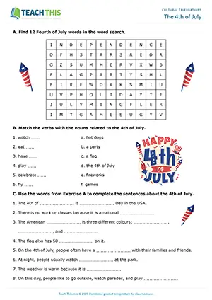 ESL 4th of July worksheet preview showing vocabulary, matching, sentence completion, and speaking for Pre-intermediate A2