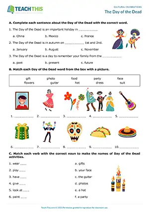 ESL Day of the Dead worksheet preview with vocabulary exercises, matching, gap-fill, and sentence completion for Elementary A1-A2