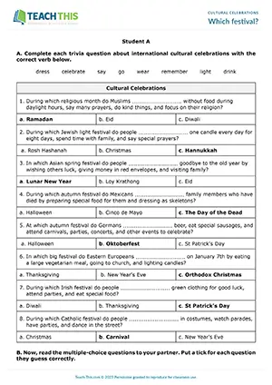 ESL festivals activity preview with gap-fill, trivia, and pair guessing for Intermediate B1