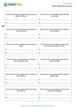 ESL daily routines survey activity preview showing question forming, group survey and reporting for Elementary A1-A2